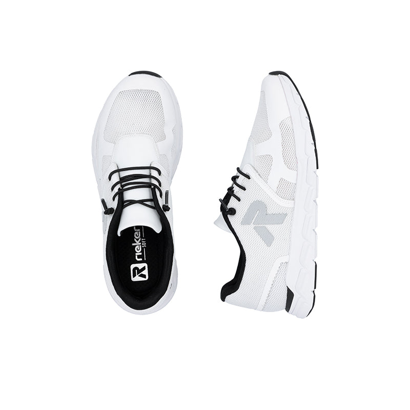 Rieker lace-up sneakers pair, white mesh with black laces and chunky white sole