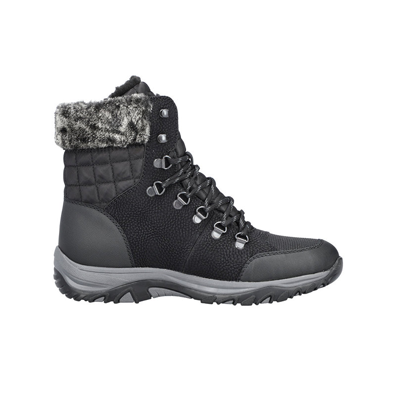 Black lace-up winter boots with padded quilted shaft and faux fur cuff