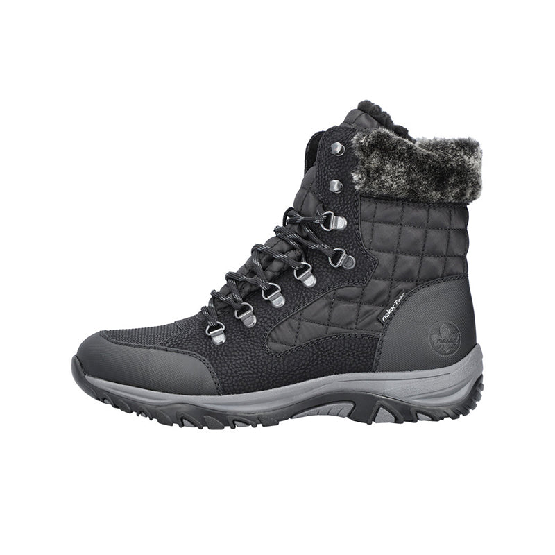 Black lace-up winter boots with quilted shaft, metal eyelets, and rubber sole