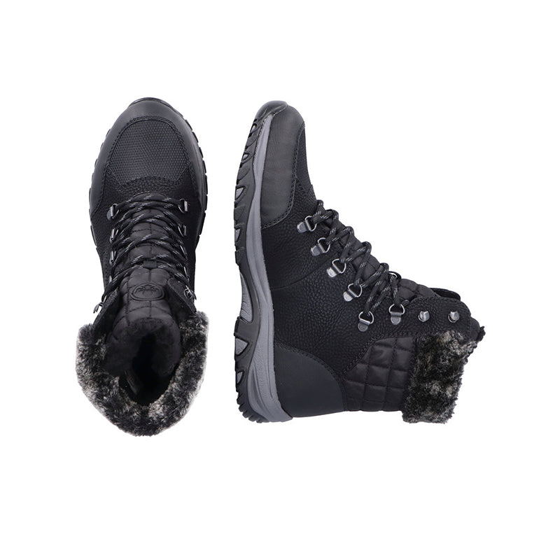Black lace-up winter boots with faux fur lining and textured rubber outsole