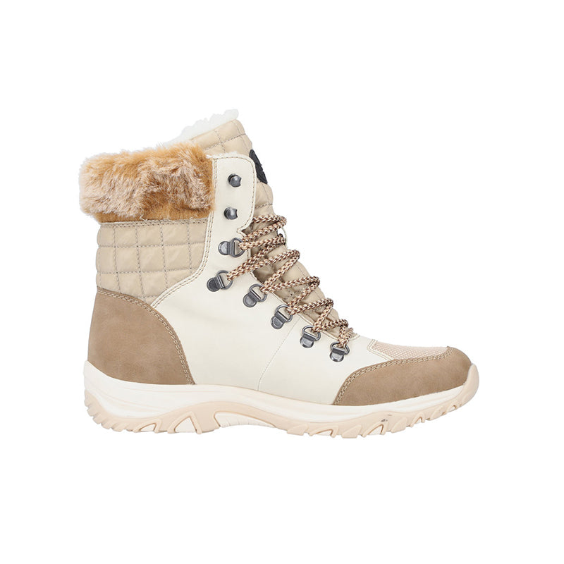 Beige lace-up winter boots with faux fur collar and quilted padded sides
