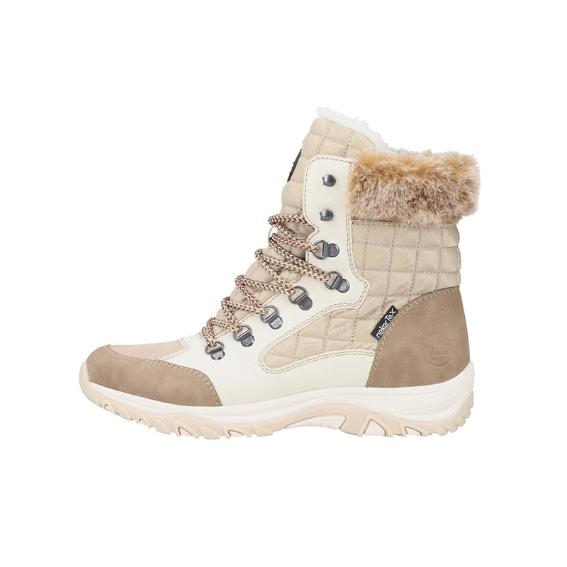 Cream and beige lace-up winter boots with faux fur collar and lace-up front