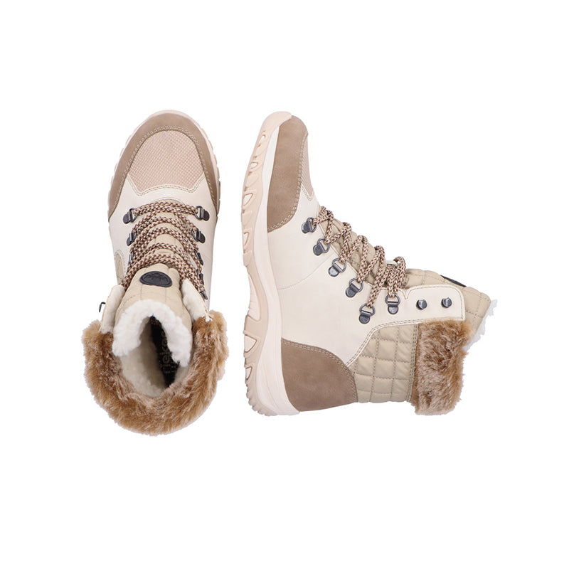 Beige lace-up winter boots with faux fur lining and padded quilted panels