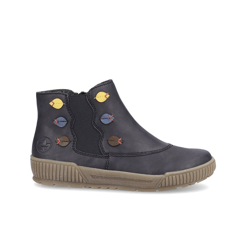 Women’s ankle boots in dark blue with colorful patch accents and tan rubber sole