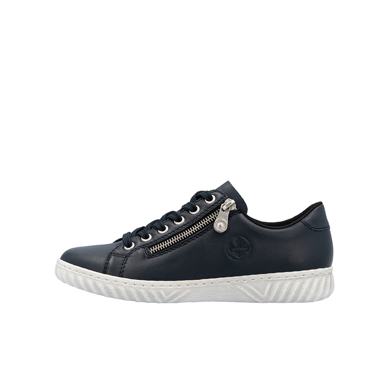 Navy low-top sneakers with lace-up and side zipper detail