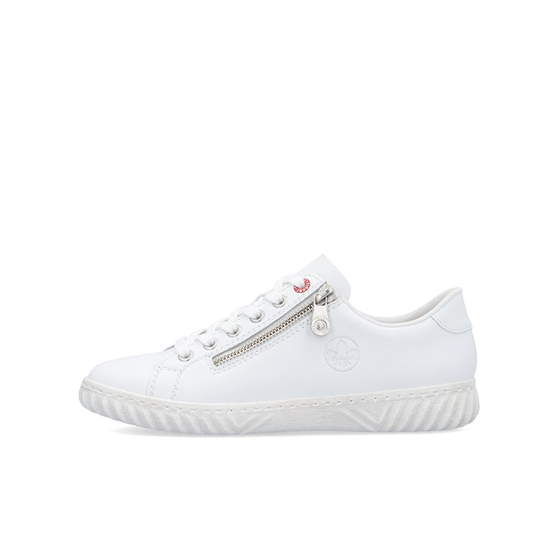 White low-top sneakers with lace-up and side zipper detail