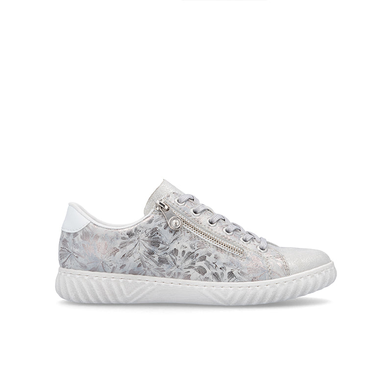 Light gray patterned low-top sneakers with lace-up and side zipper detail
