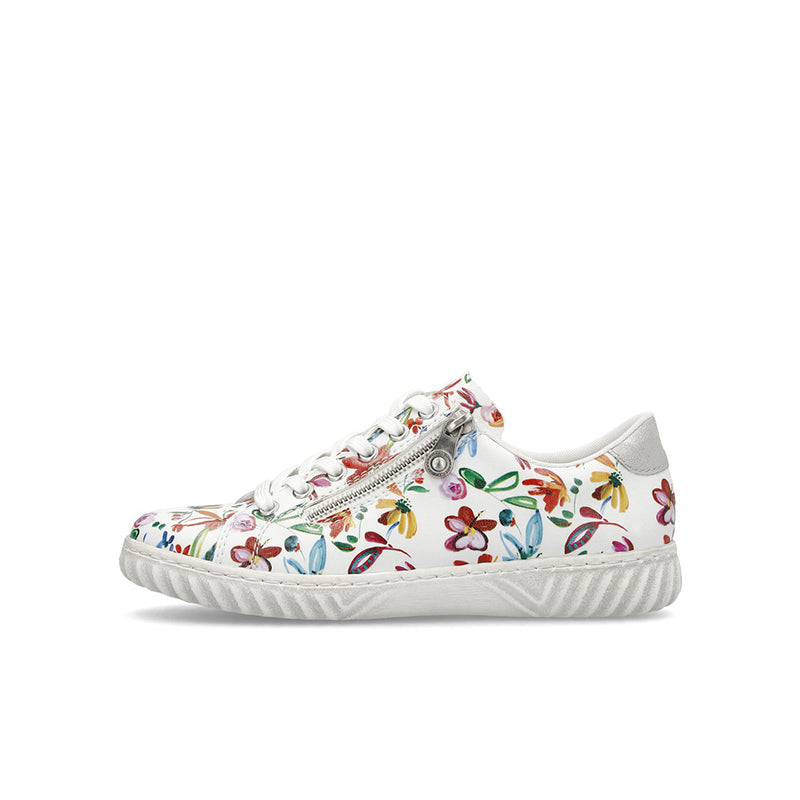 White low-top sneakers with colorful floral pattern and side zipper detail