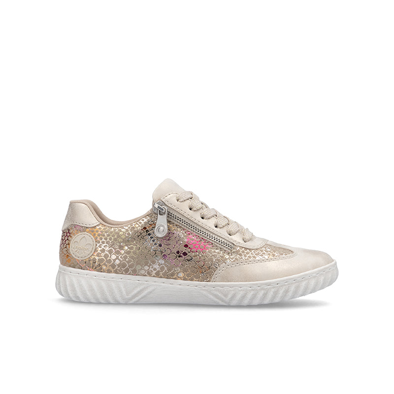 Women’s metallic beige low-top sneaker with lace-up and side zip, white sole