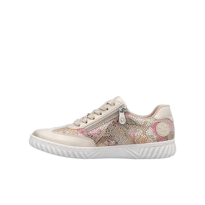 Metallic beige low-top sneaker with lace-up, side zipper, textured patterned upper