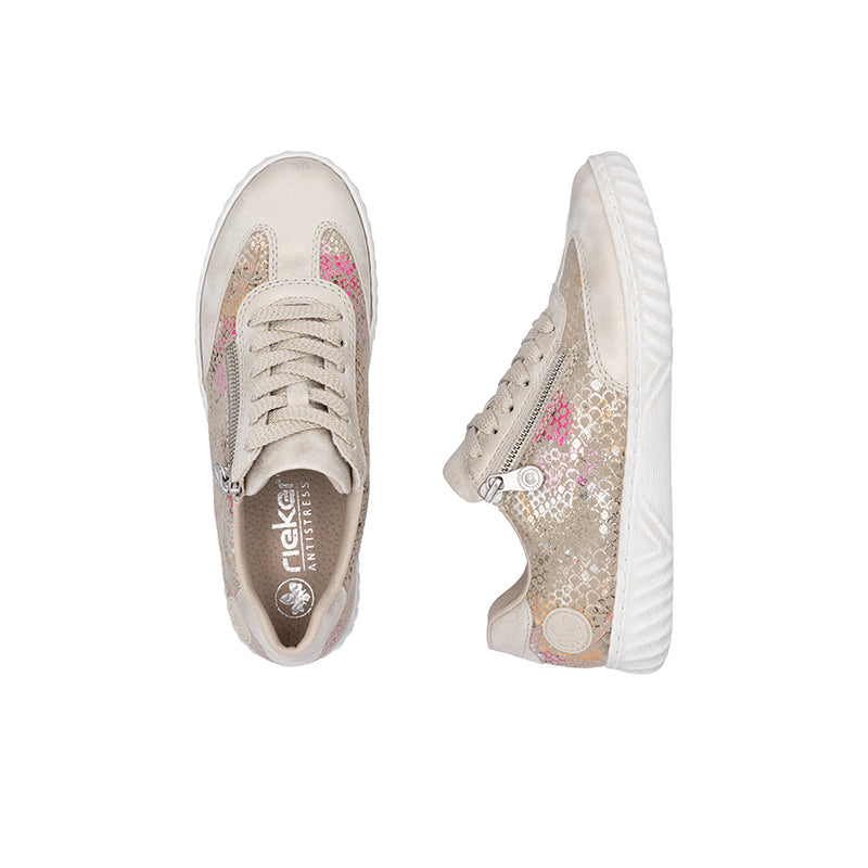 Rieker metallic beige sneaker, lace-up with side zip and textured upper, white sole