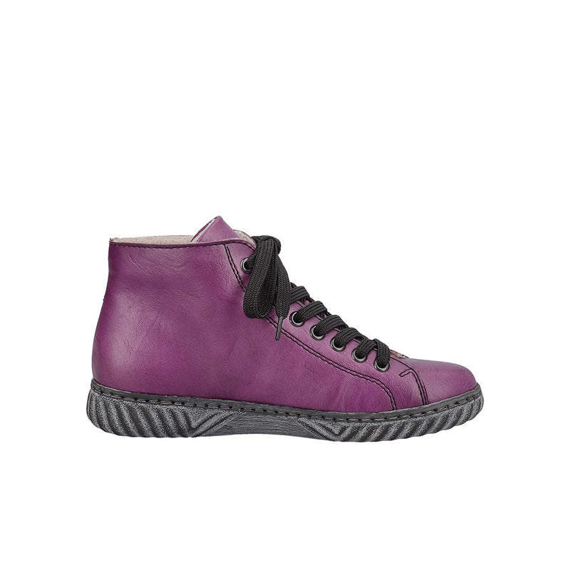 Purple leather-look ankle boot with lace-up front and textured rubber sole