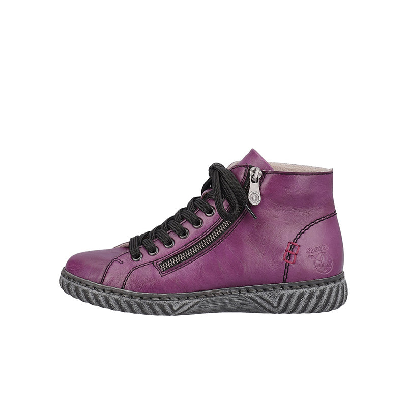 Purple ankle boot with lace-up front, side zipper, and textured rubber sole
