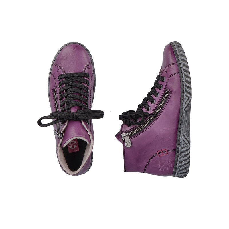 Purple lace-up ankle boots showing side zipper detail and textured rubber sole