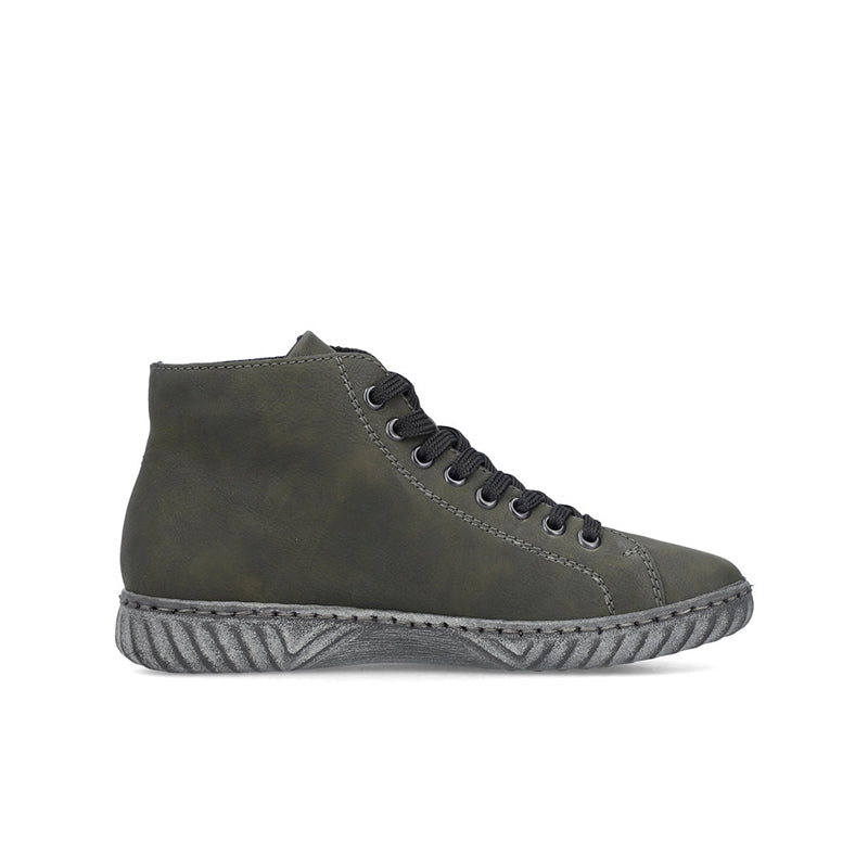 Olive green suede ankle boot with lace-up front and textured rubber sole