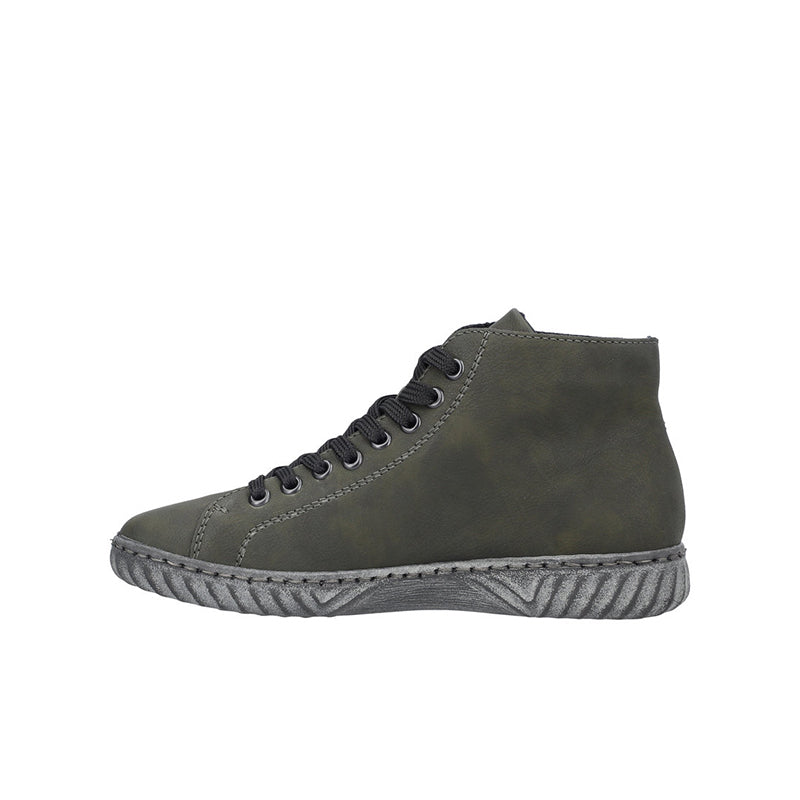Olive green lace-up ankle boot with high-top collar and textured rubber sole