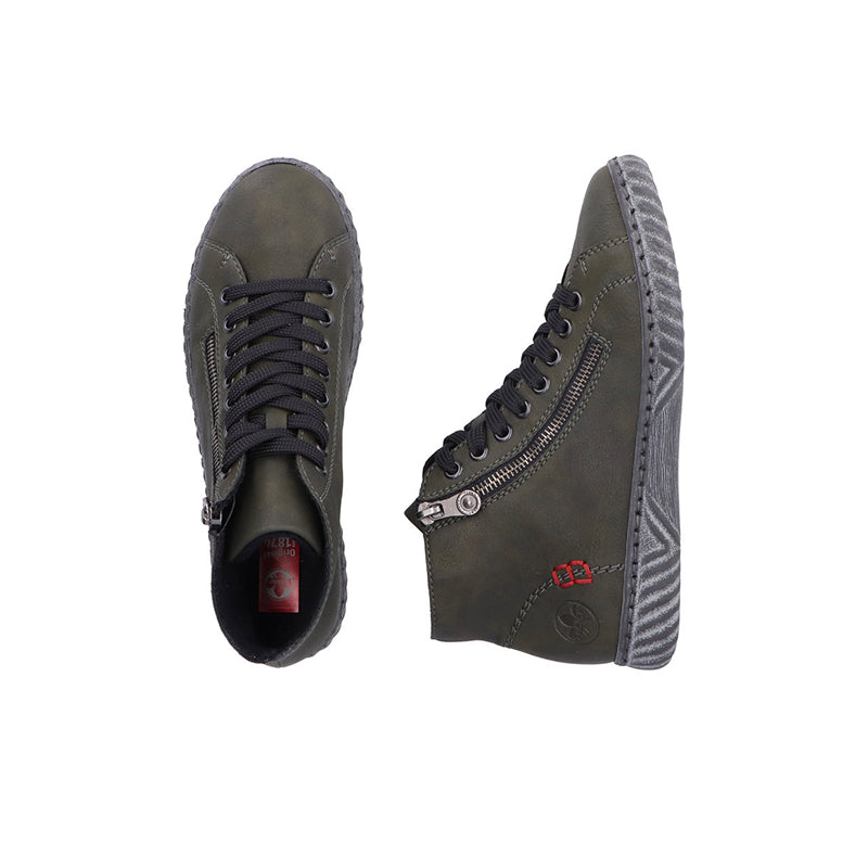 Olive green lace-up ankle boots showing side profile and textured rubber sole
