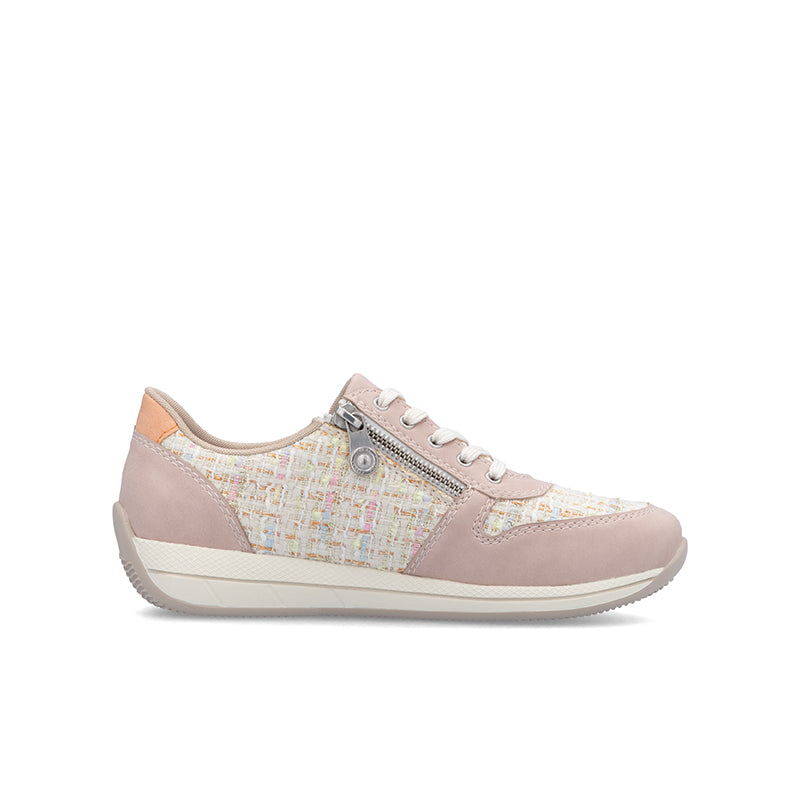 Pink women’s fashion sneaker with lace-up front and side zipper detail