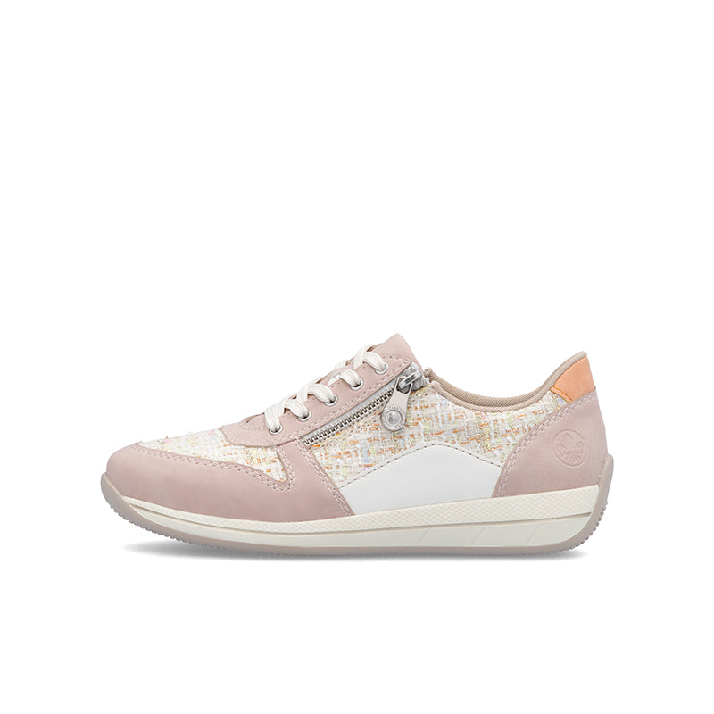 Pink low-top sneaker with lace-up closure, textured panels, and side zipper