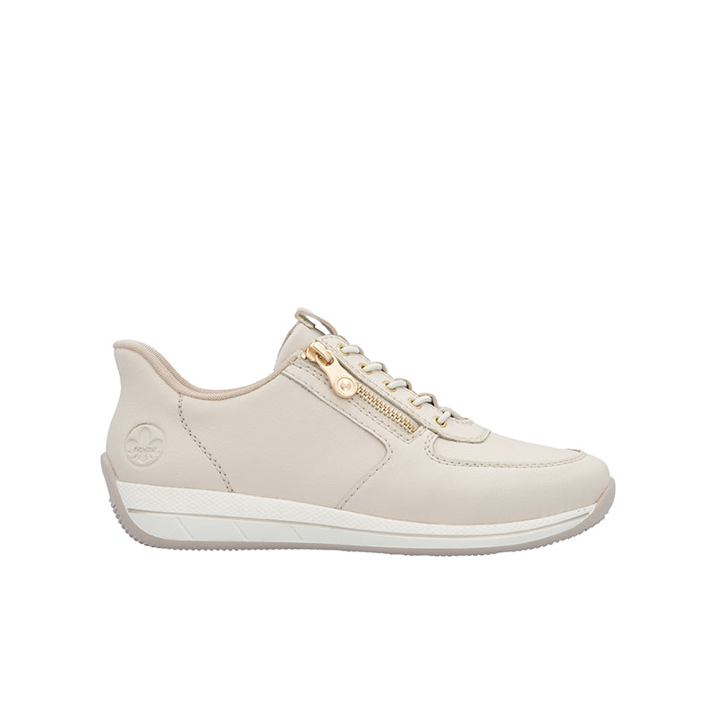Beige women's zip casual sneaker with lace-up and low-profile rubber sole