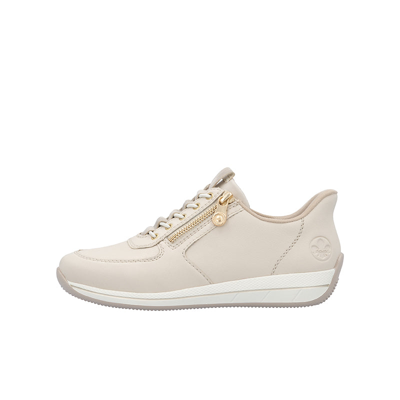 Beige low-top sneaker with side zipper detail and lace-up closure