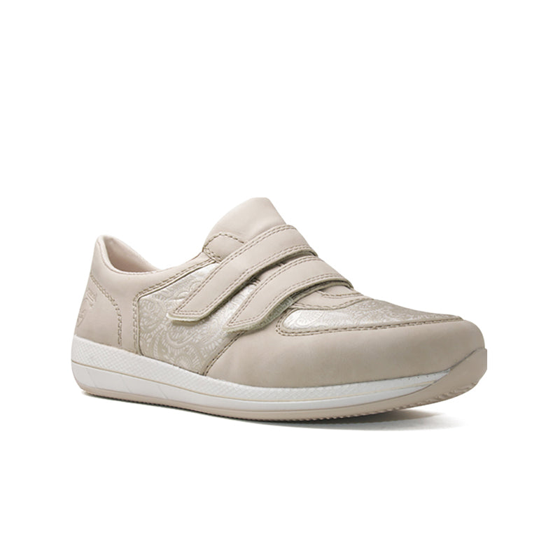 Beige low-top sneaker with hook-and-loop strap and smooth side panels, lace-free