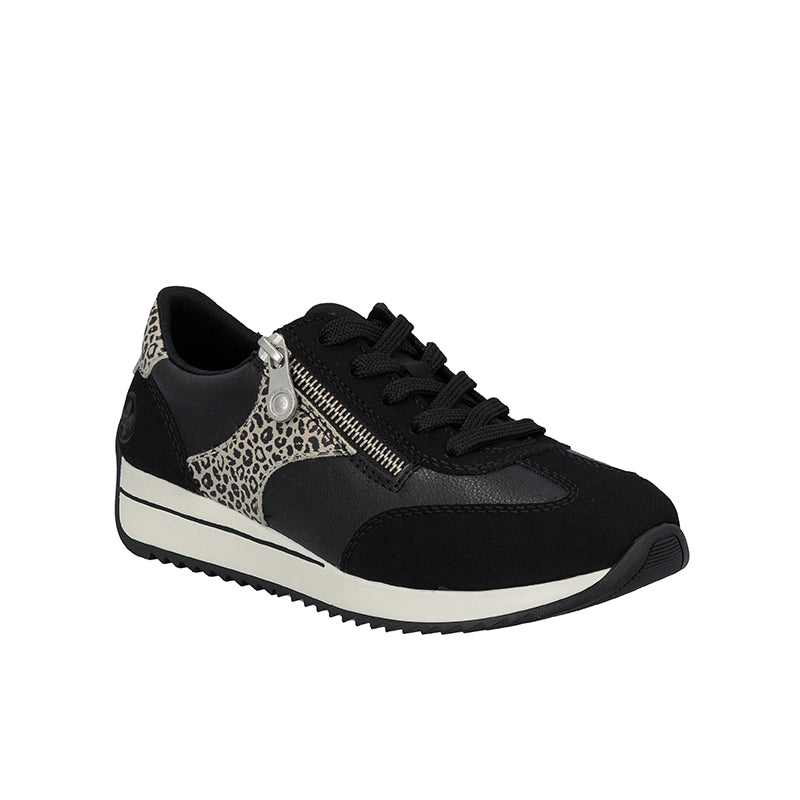 Black lace-up low-top sneaker with leopard print panel and zip detail