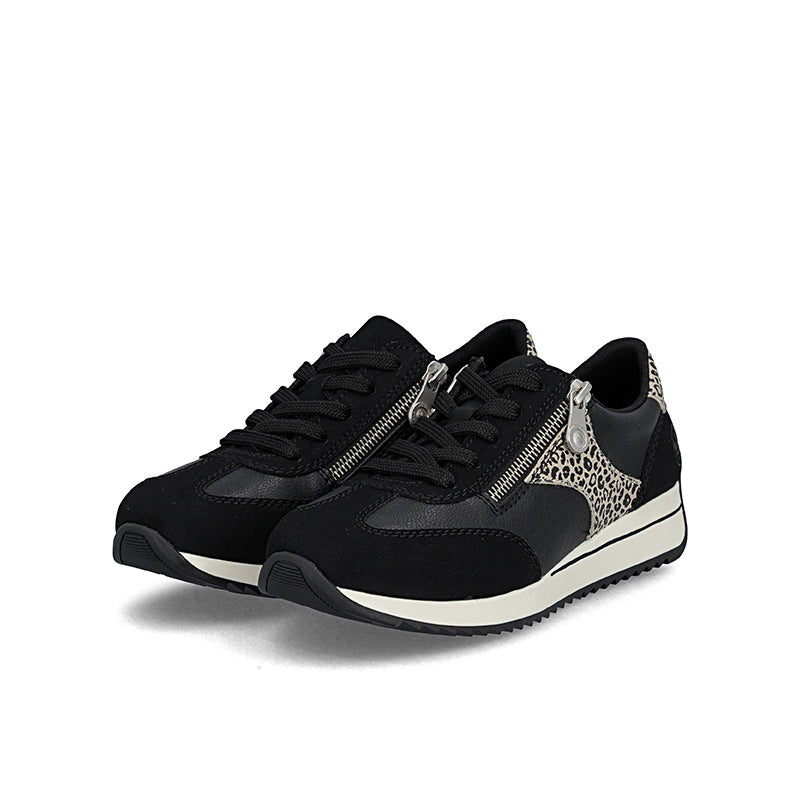 Black lace-up low-top sneaker with leopard print side panel and zipper