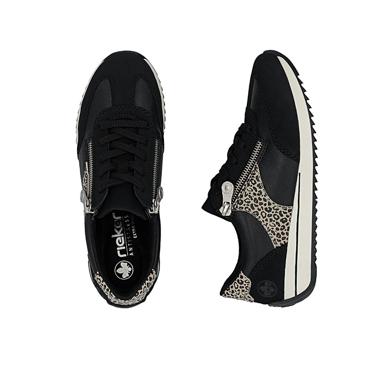 Black sneakers with leopard print quarter panel and lace-up front
