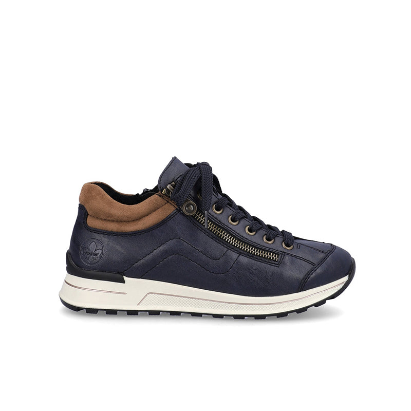 Rieker blue low-top sneakers with lace-up and side zip, white rubber sole