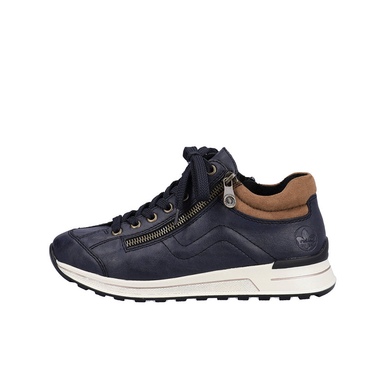 Rieker blue low-top sneakers, lace-up with side zip and white sole