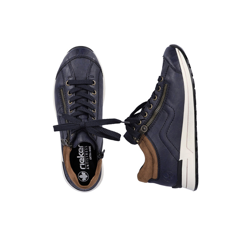 Rieker blue sneaker pair with lace-up front, side zip, and brown lining