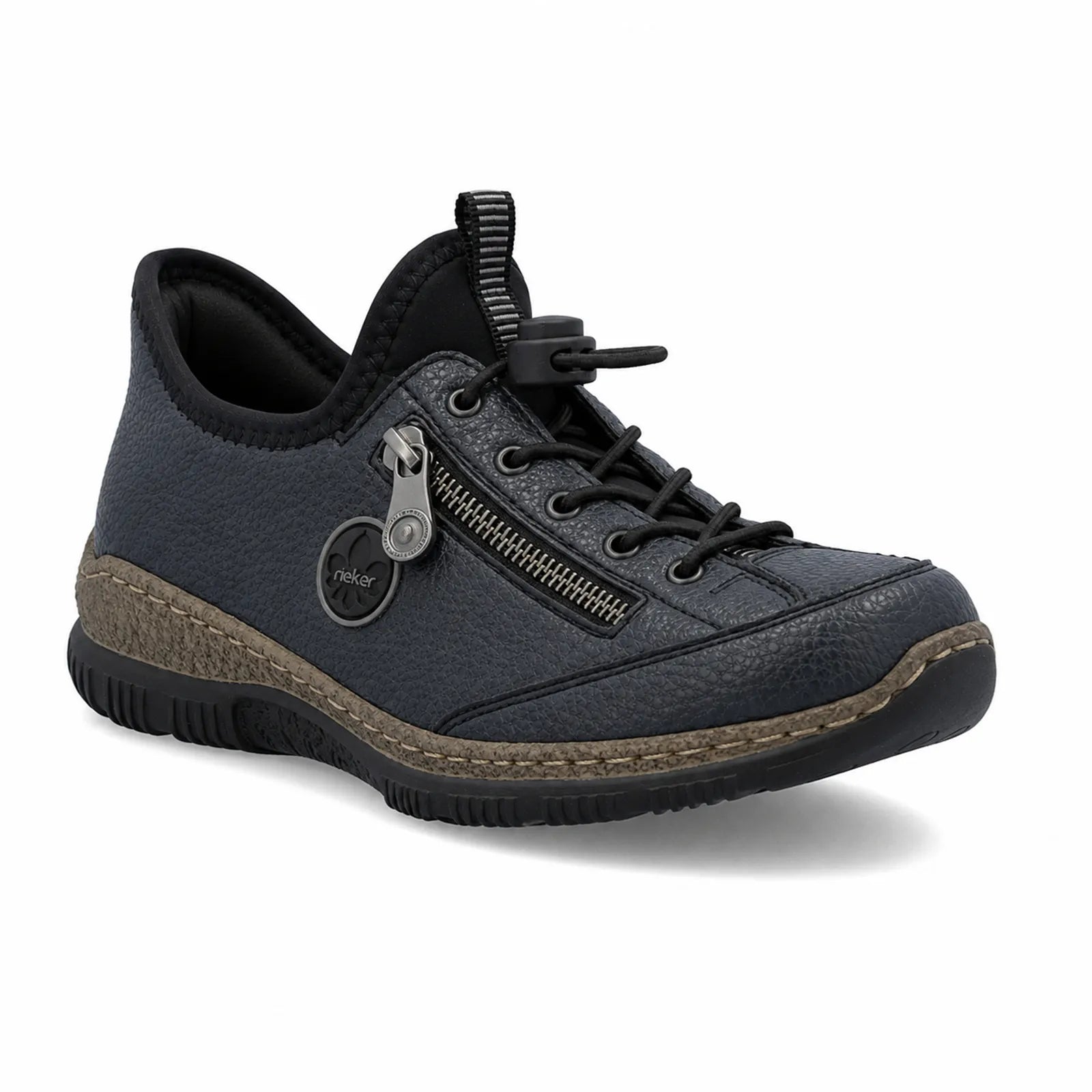 Rieker women's slip-on sneaker, dark upper with lace-up and side zipper, cushioned collar