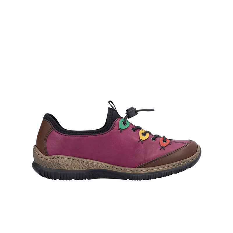 Women’s slip-on sneakers, magenta upper with brown side panel and multicolor lace detail