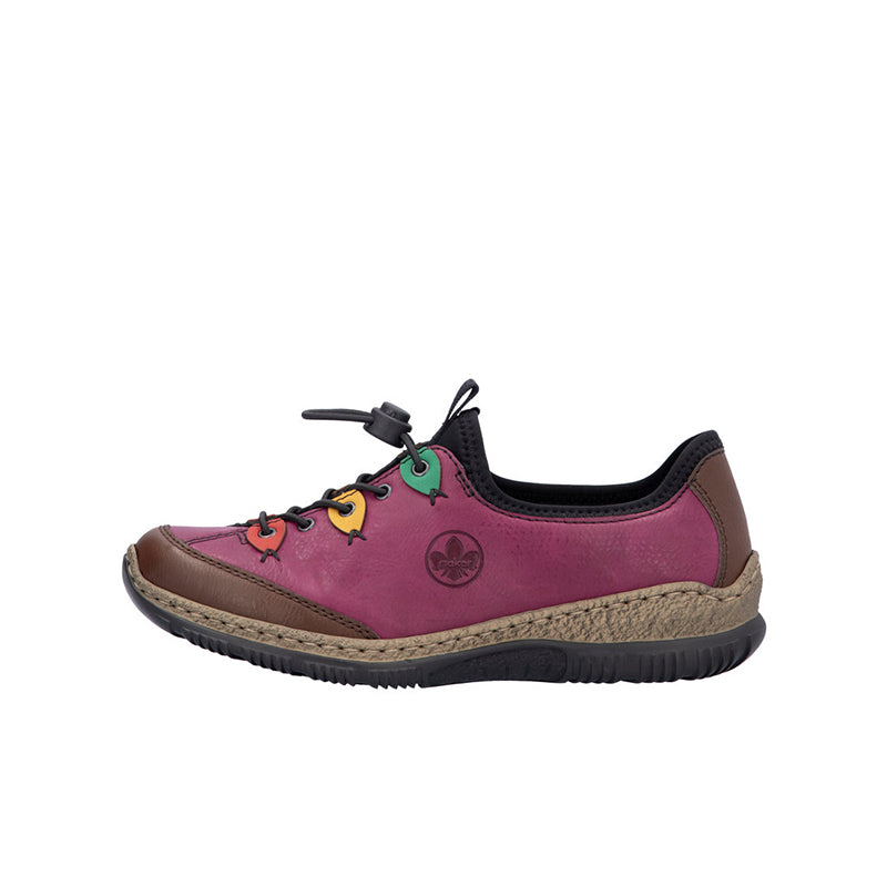 Women’s slip-on sneakers, magenta upper with brown trim and colorful lace-up accents