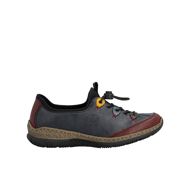 Women’s slip-on sneakers, dark blue upper with red side panel and colorful lace detail