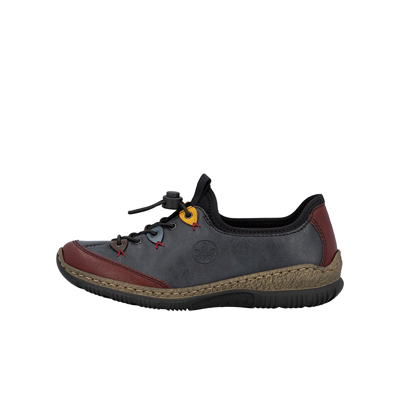 Women’s slip-on sneakers, dark blue upper with red side trim and tan sole edge