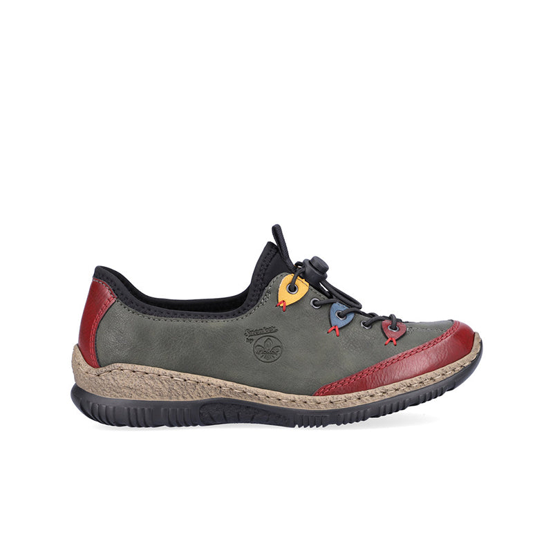 Women’s slip-on sneakers, gray upper with red accents and black trim, lace-up style