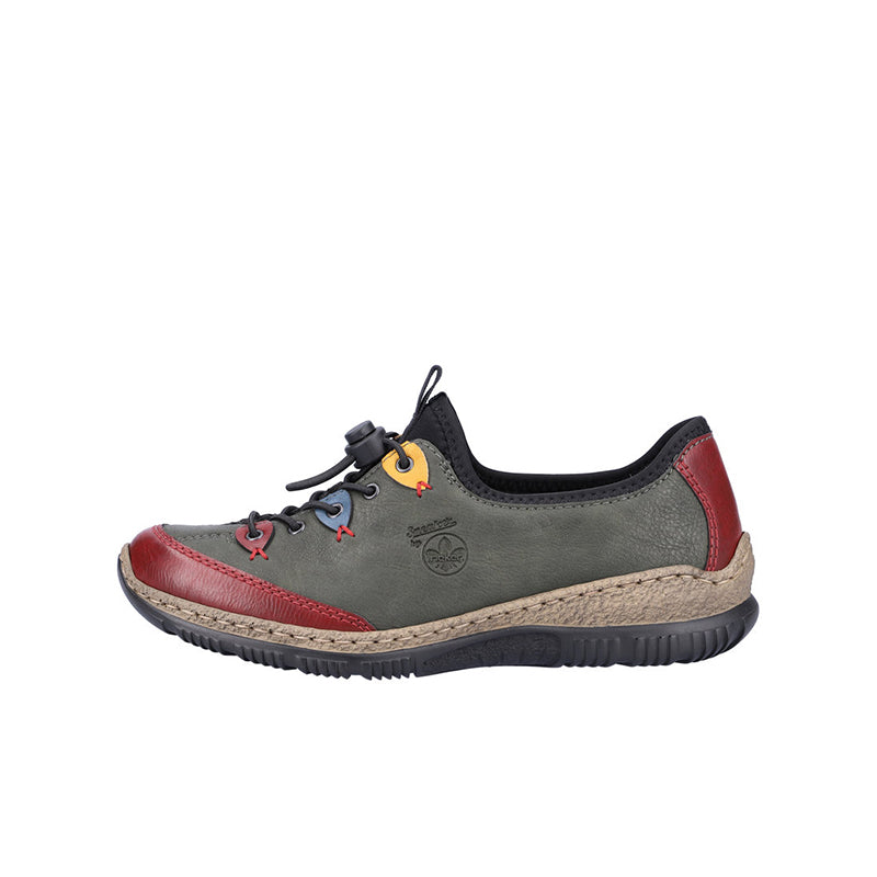 Women’s slip-on sneakers, gray upper with red toe and black collar, lace-up front