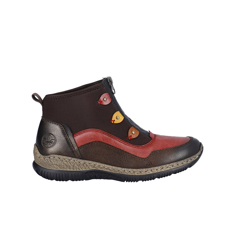 Multicolour ankle boots with brown, red and yellow accents and rubber sole