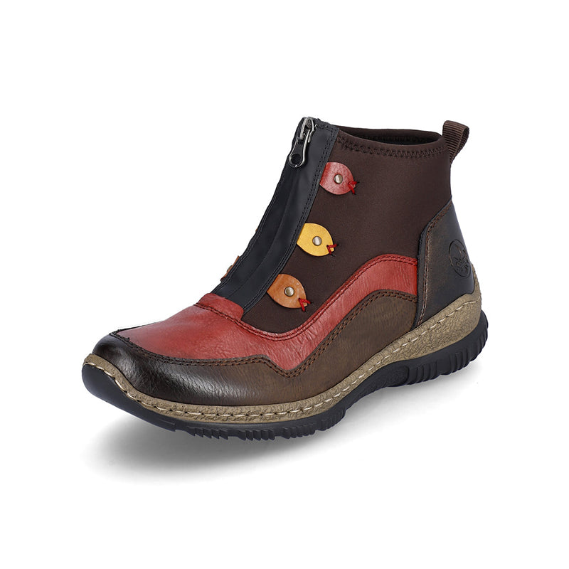 Brown and red ankle boots with side zipper, patterned elastic panels, and rubber sole