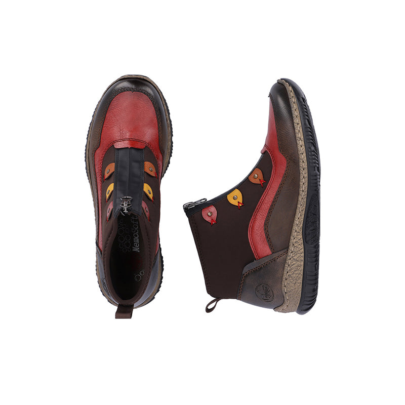 Brown and red ankle boots with side zipper and decorative multicolour stitched patch
