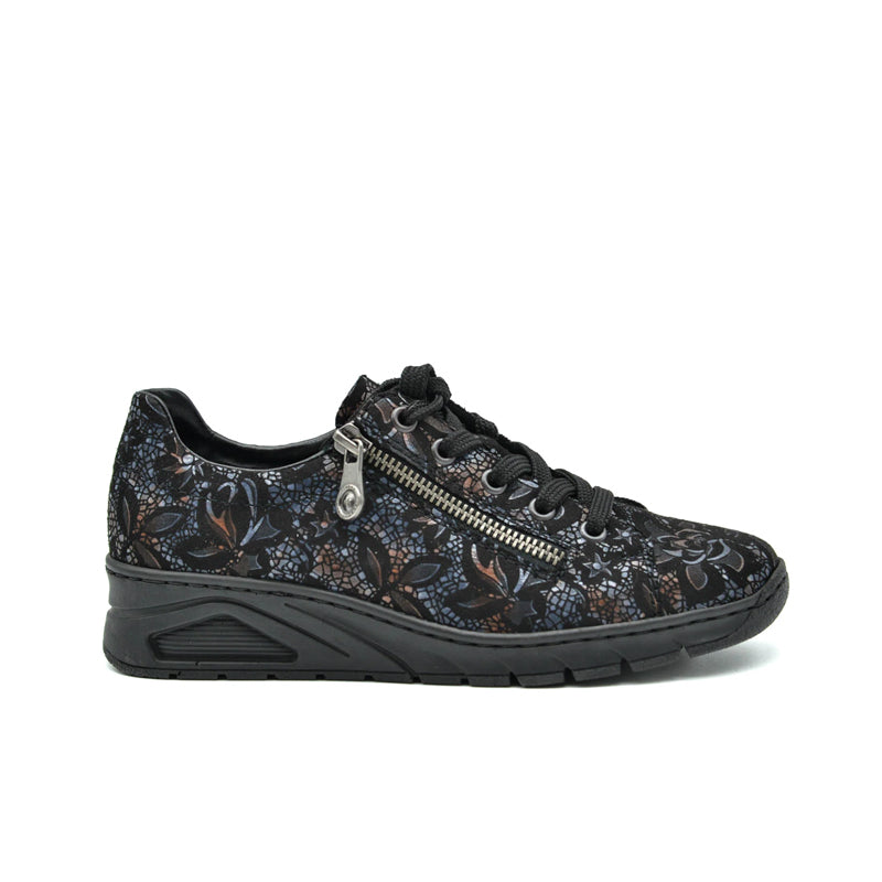 Women's zip-front lace-up sneakers, dark floral upper with black chunky sole