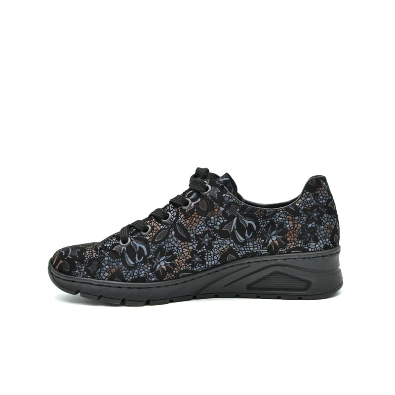 Women's casual sneakers with lace-up front, dark floral patterned upper and cushioned sole