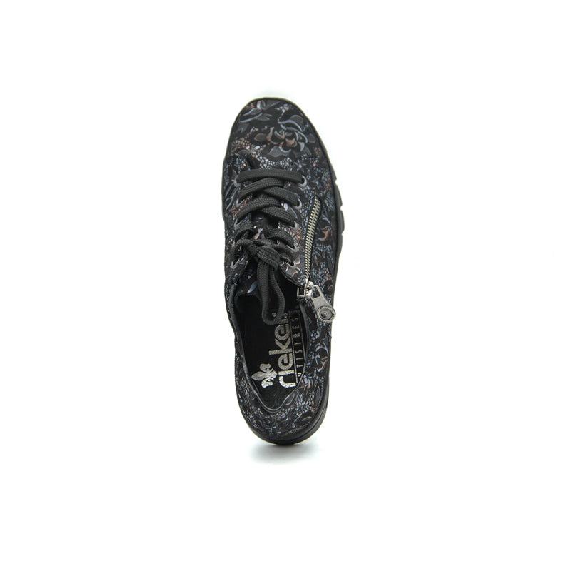 Women's sneaker upper with lace-up and visible zip detail, dark floral print