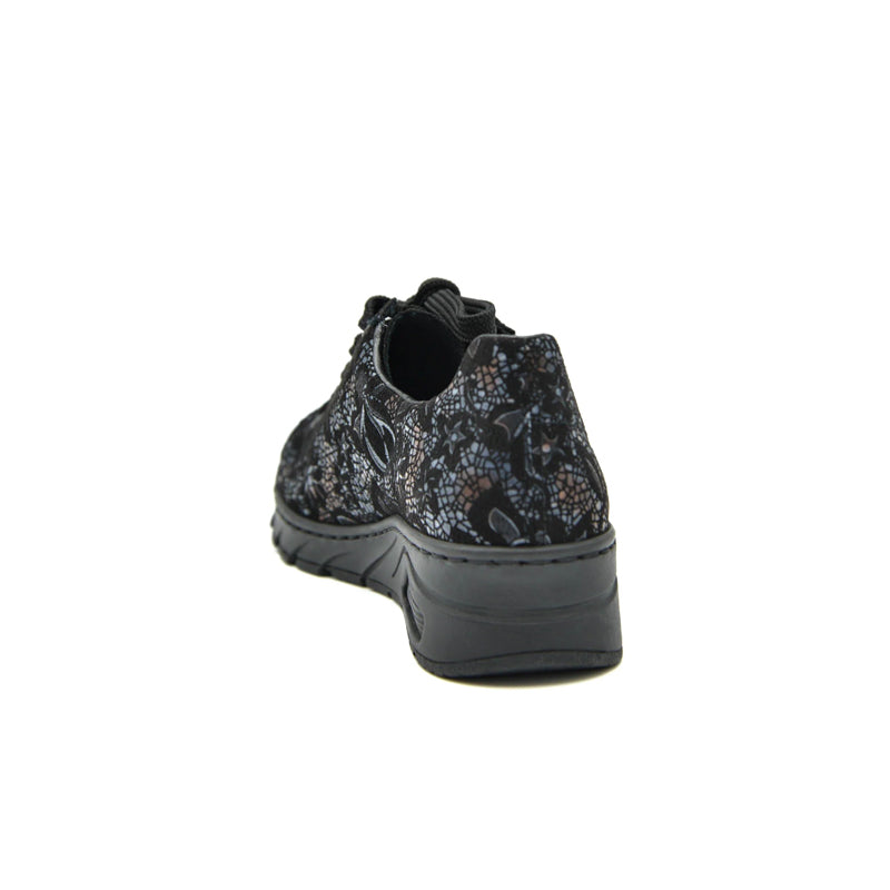 Women's casual sneakers, dark floral upper with rear pull-on collar and black sole