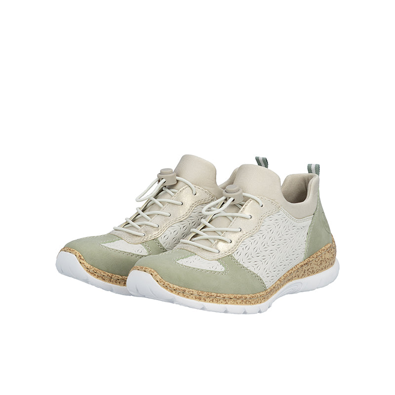 Pair of lace-up sneakers with olive suede panels and textured off-white upper