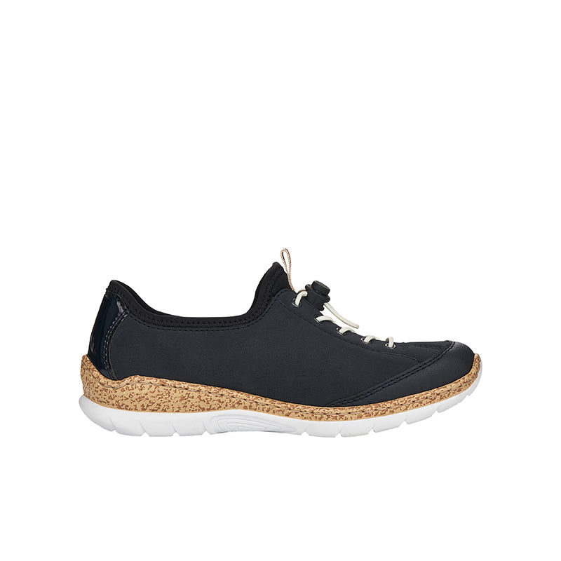Women's dark navy lace-up sneakers with tan speckled sole and padded collar