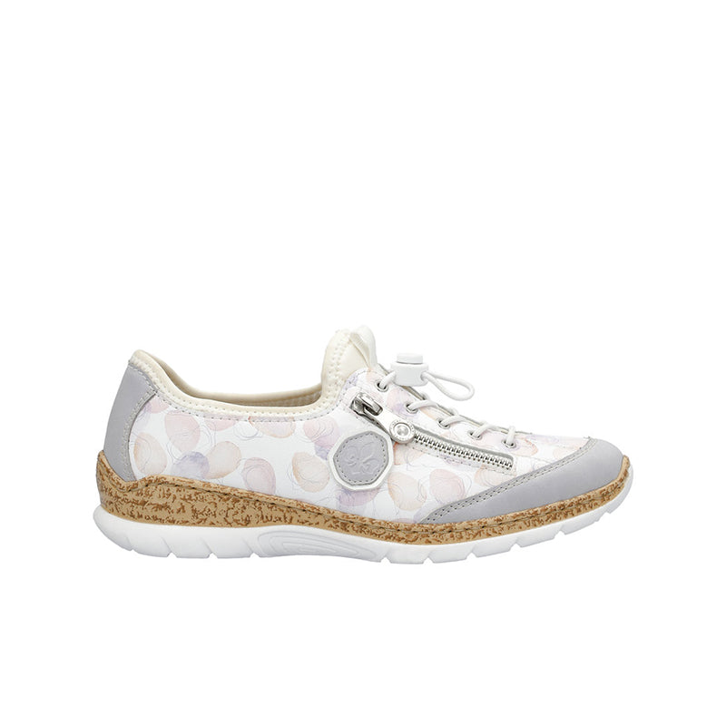 Women's lace-up sneakers with white/pastel pattern and tan sole trim
