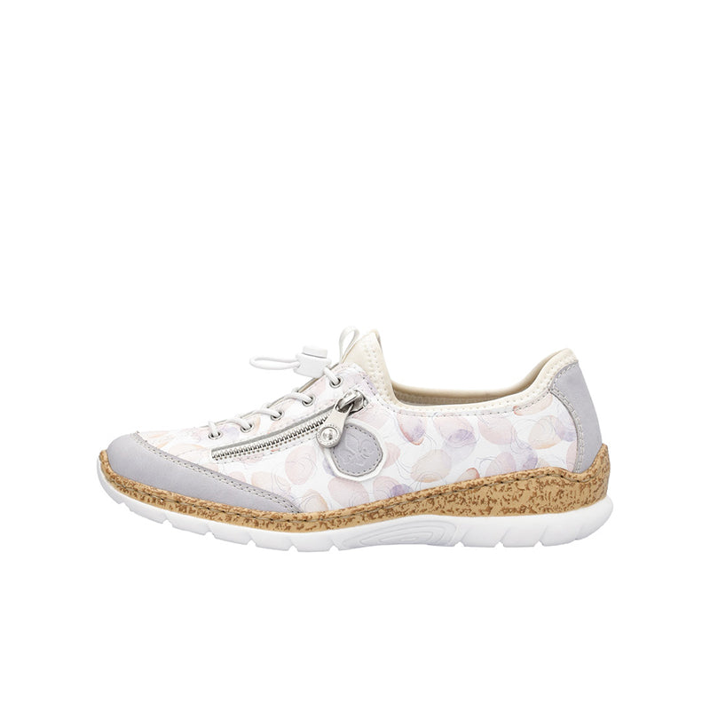 Women's white/pastel patterned lace-up sneakers with tan speckled sole